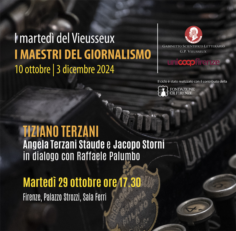 Martedì 29 ottobre 2024 Tiziano Terzani Un omaggio a Tiziano Terzani, nel ventennale della sua morte, con Angela Terzani Staude e il suo L’età dell’entusiasmo. La mia vita con Tiziano (Longanesi) e con Jacopo Storni e il suo Tiziano Terzani mi disse (Ediciclo Editore), in dialogo con Raffaele Palumbo